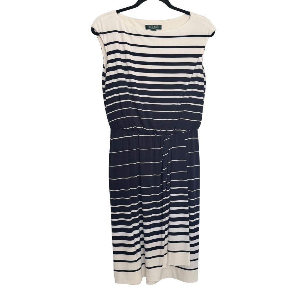 Lauren Ralph Lauren Navy Blue Cream Striped Blouson Draped Sheath Wrap Dress 8